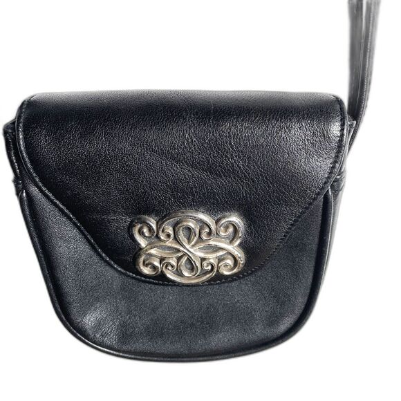 BRIGHTON ONE WORLD PURSE BLACK LEATHER  SCROLL SMALL CROSSBODY BAG SILVER SNAP - Picture 1 of 5